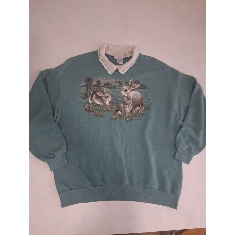 VTG Made Granny Bunny Rabbit Graphic Sweatshirt Crewneck 90s Teal Mock Neck XL